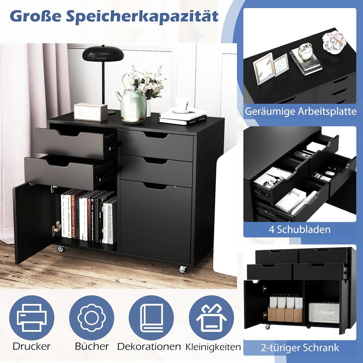 COSTWAY Rollcontainer mit 4 Schubladen und 2 Türen, Aktenschrank mit Rollen, Druckerständer, Bürosch