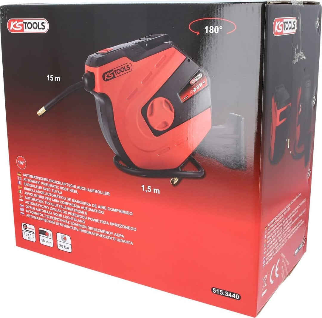 KS Tools 515.3440 Automatischer Druckluftschlauch-Aufroller, Ø 10mm x 15m Single, Single