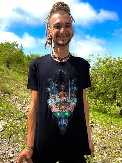 schwarzes Fraktal Alien T-Shirt Goa Psytrance (XL), XL