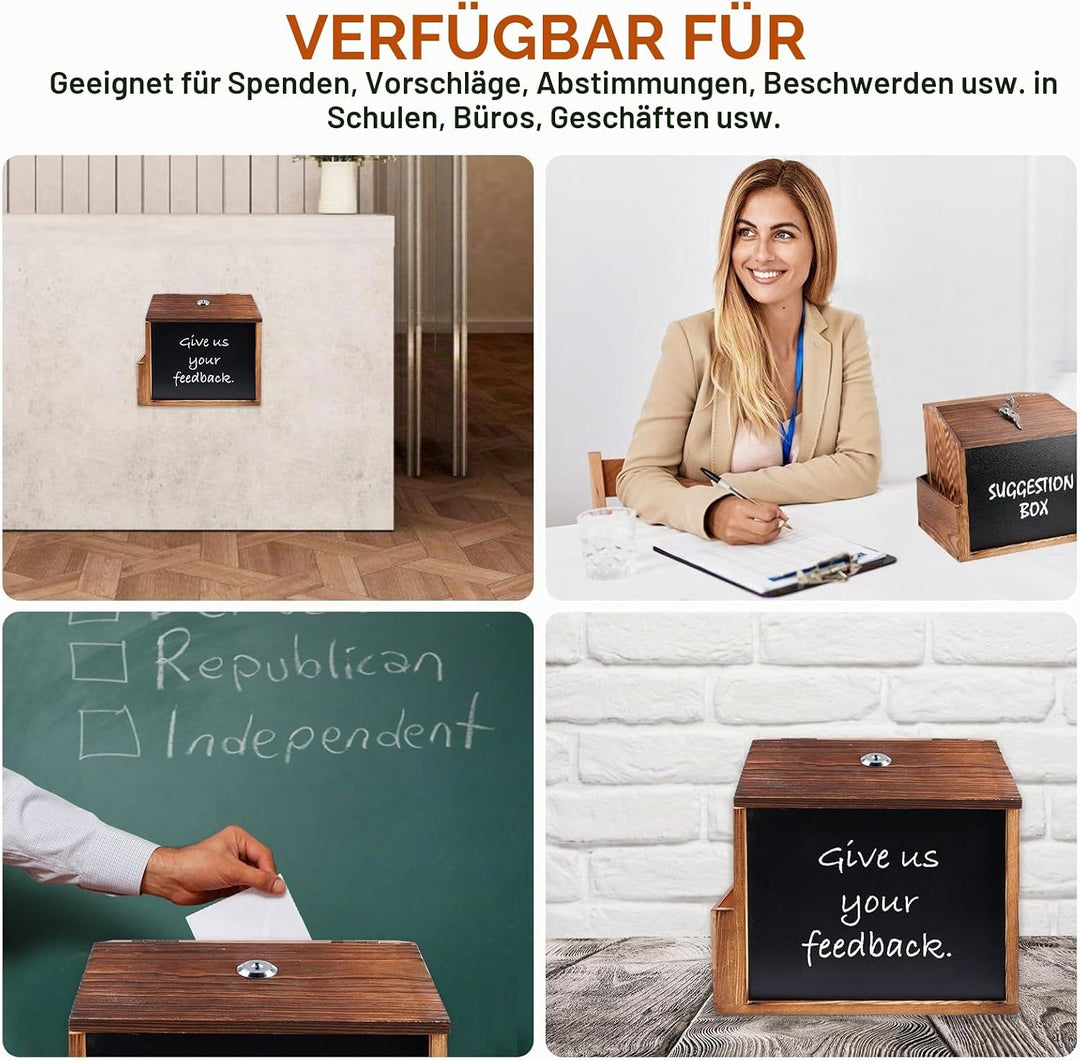Holz Vorschlagsbox, Spendenbox Abschliessbar Mit 8-Farben-Tafelstift und nichtmagnetischem Tafelwisc
