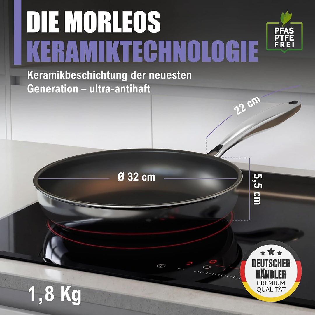 Keramikpfanne 32cm PFAS & PTFE Frei | Vollbeschichtet | 5-Schicht - 3mm -1,67 kg | Premium Bratpfann