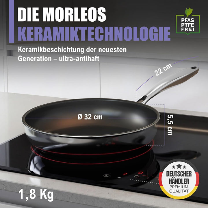 Keramikpfanne 32cm PFAS & PTFE Frei | Vollbeschichtet | 5-Schicht - 3mm -1,67 kg | Premium Bratpfann