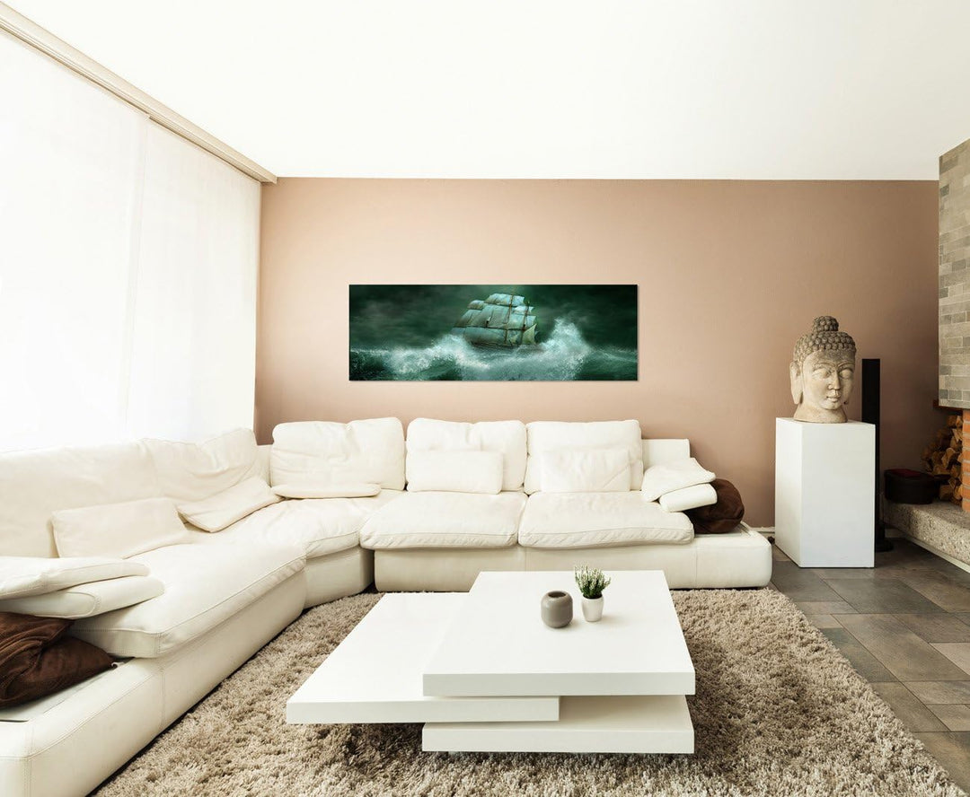 Paul Sinus Art Panoramabild auf Leinwand und Keilrahmen 150x50cm Meer Wellen Sturm Segelschiff Nacht