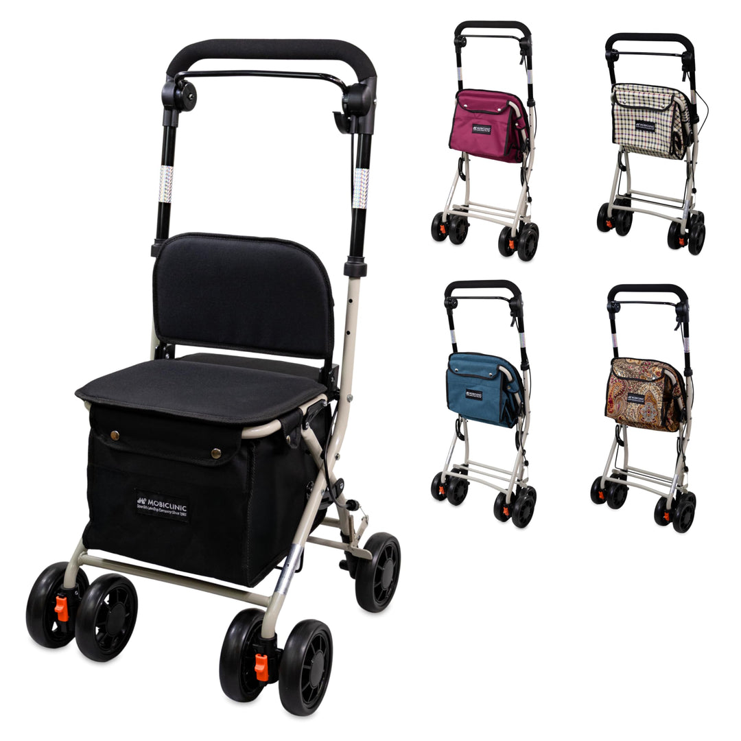 Mobiclinic®, Einkaufswagen mit Sitz, Faltbarer Rollator für Erwachsene, 21 L, Rückenlehne, 4 Räder,