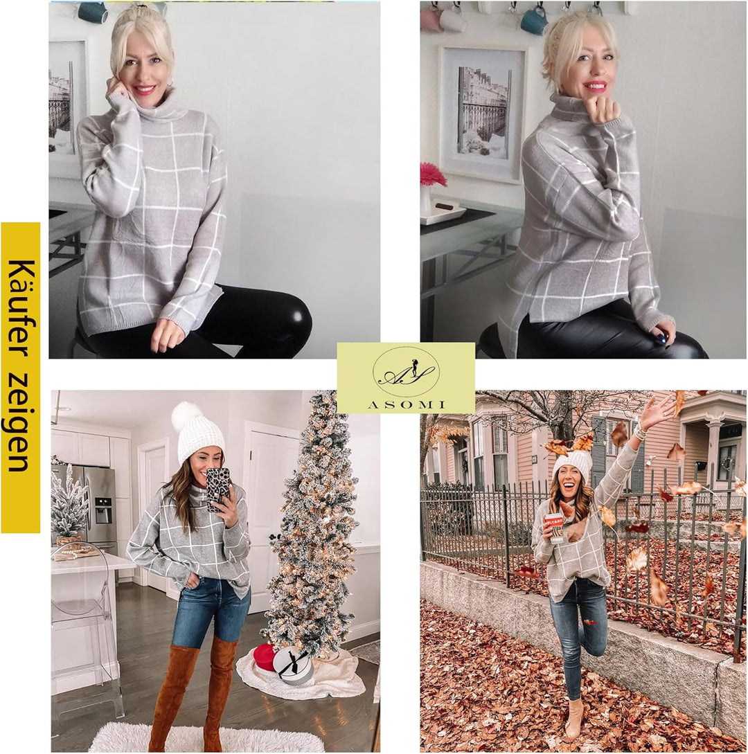 ASOMI Strickpullover Damen Gestreift Kariert: Elegant Rollkragen Pullover Winterpullover Warm Herbst