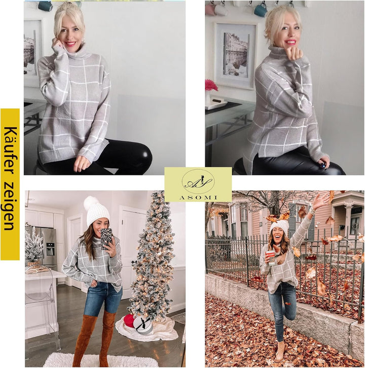 ASOMI Strickpullover Damen Gestreift Kariert: Elegant Rollkragen Pullover Winterpullover Warm Herbst
