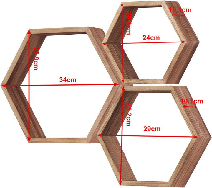 MITREL Hexagon Wandregal, Wohnzimmer Deko Wand, Holz Hängeregal für Schlafzimmer, 3er-Set(Karbonisie