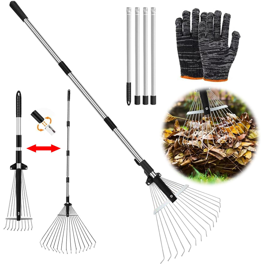 Laubbesen,Gartenrechen,mit 215cm Verstellbare Metallstange und Handschuhe,Laubrechen,Fächerbesen Lau