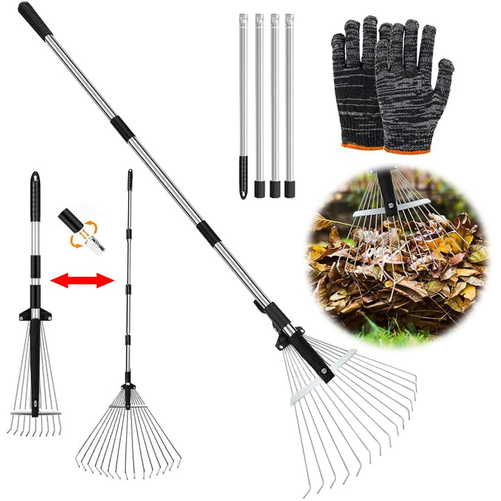 Laubbesen,Gartenrechen,mit 215cm Verstellbare Metallstange und Handschuhe,Laubrechen,Fächerbesen Lau