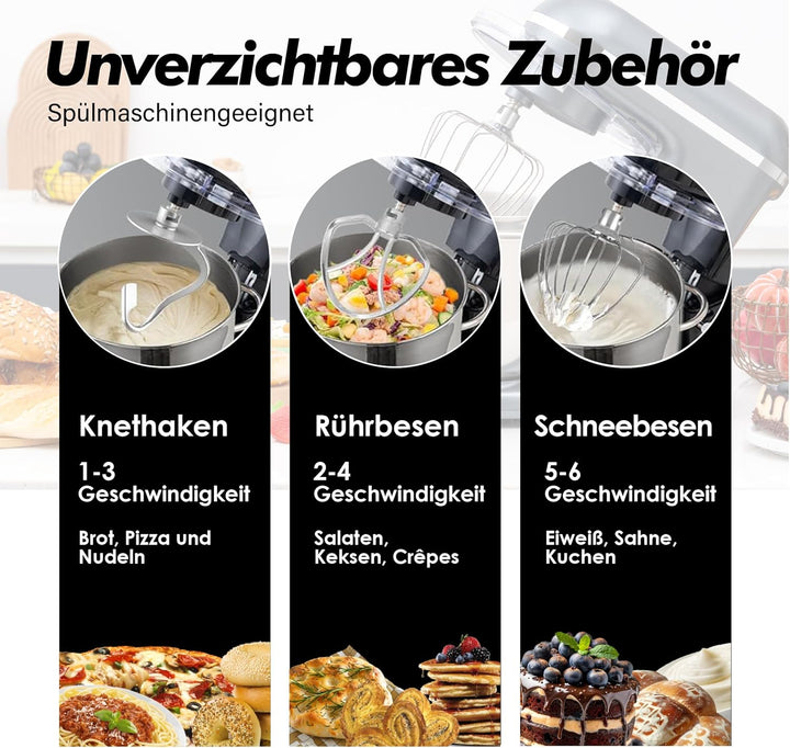 Kitchen in the box Küchenmaschine, 7,5 L Knetmaschine 1400 W, 6 Geschwindigkeits Teigmaschine mit Rü