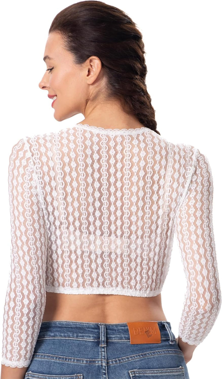 Dirndlwelle Edles Damen 3/4 Arm Dirndlbluse Oktoberfest Weiss Bequem Spitzebluse Schön Rundhals Trac