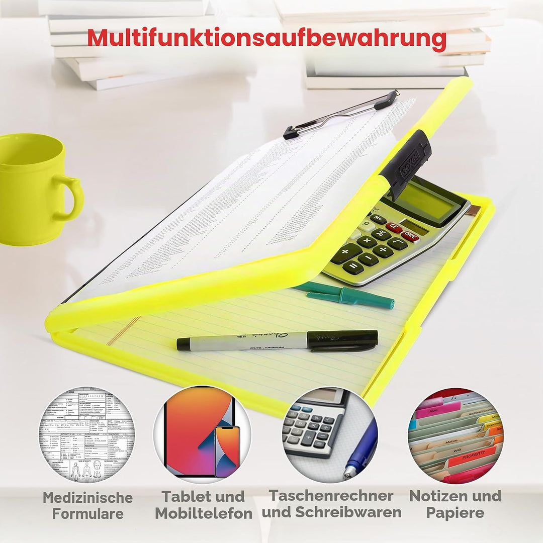 Dexas Slimcase 2, Kunststoff-Klemmbrett mit Aufbewahrung und seitlicher Öffnung, Neongelb, Bürobedar