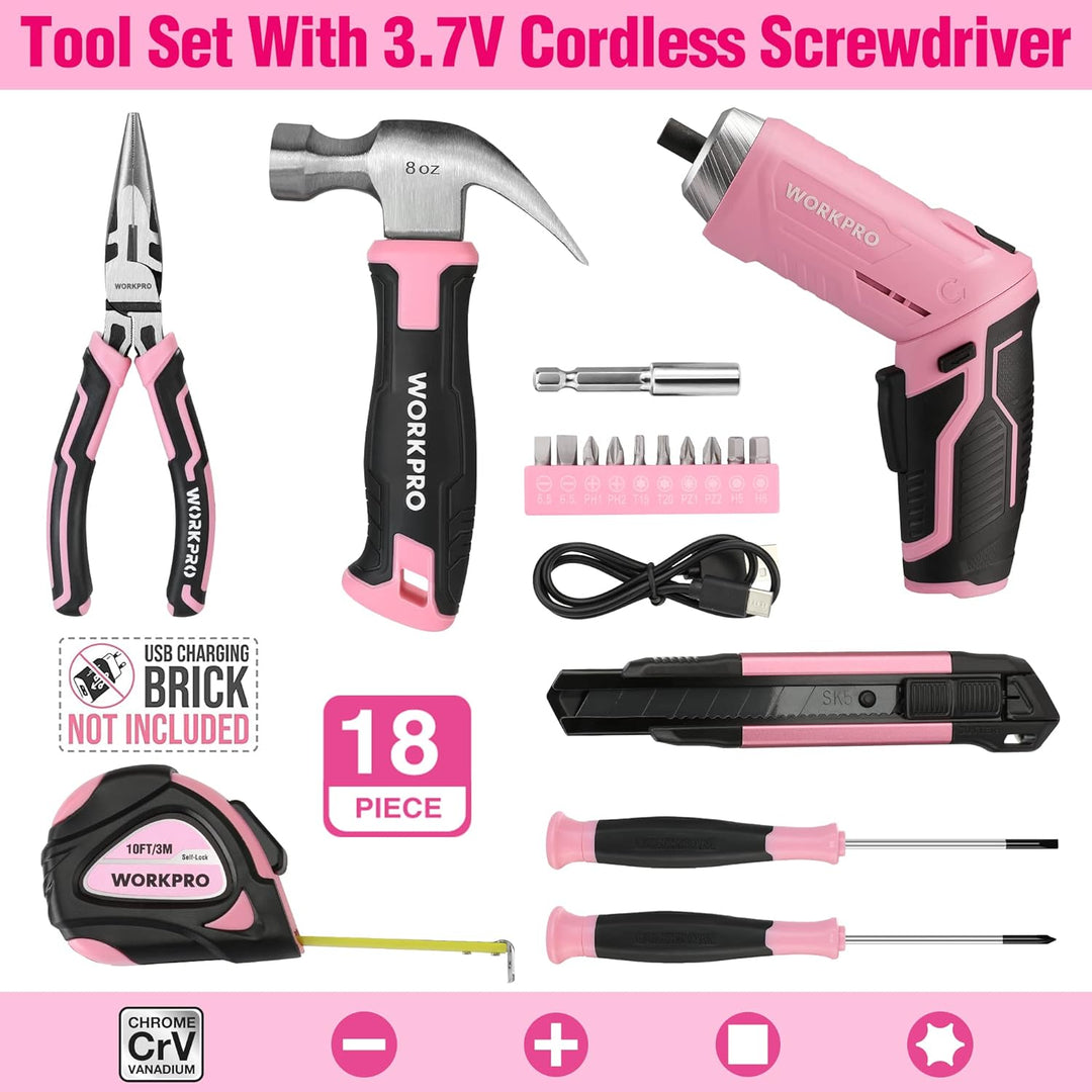 WORKPRO Werkzeugset Rosa pink 18 tlg. mit USB C Akkuschrauber klein, pinker Werkzeugkoffer gefüllt H