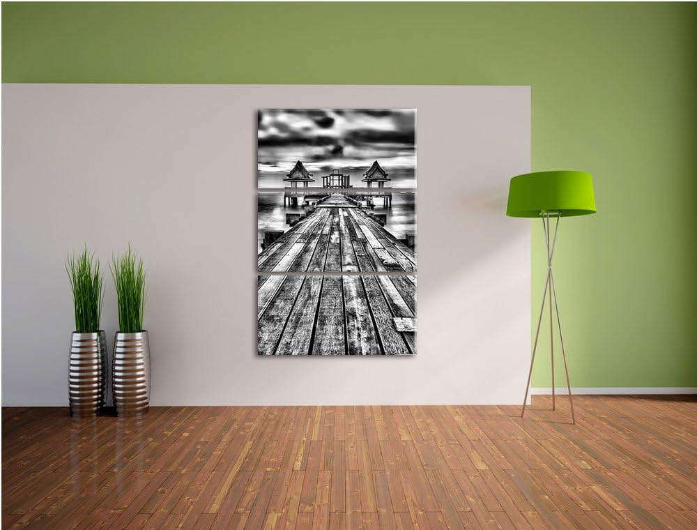 Pixxprint Monocrome, Bootssteg im Sonnenuntergang 3-Teiler Leinwandbild 120x80 Bild auf Leinwand