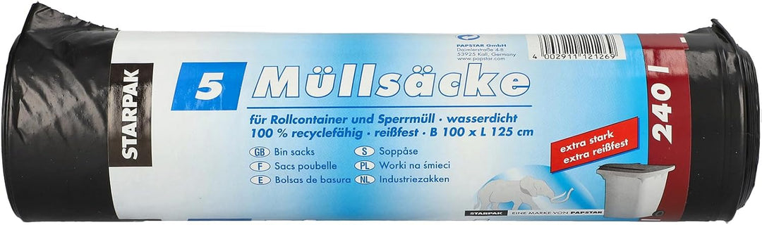 Papstar 1 Karton = 9x5 Müllsäcke, LDPE 240 l 125 cm x 100 cm schwarz 12126