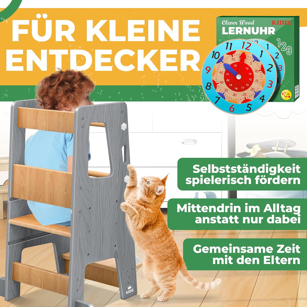 KIDIZ® Lernturm für Kinder ab 1 Jahr inkl. Lernuhr | 3-stufig Höhenverstellbarer Tritthocker aus Kie