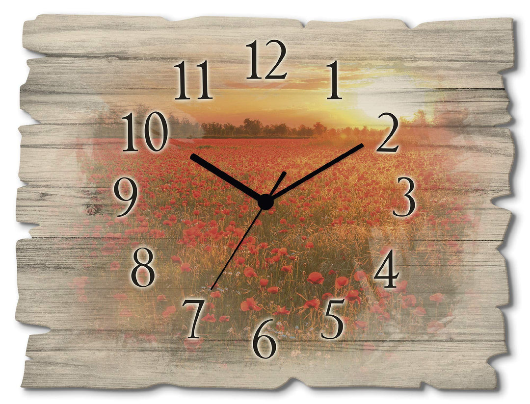 ARTLAND Wanduhr ohne Tickgeräusche aus Holz Funkuhr 40x30 cm Rechteckig Lautlos Mohnblumen Blumen So
