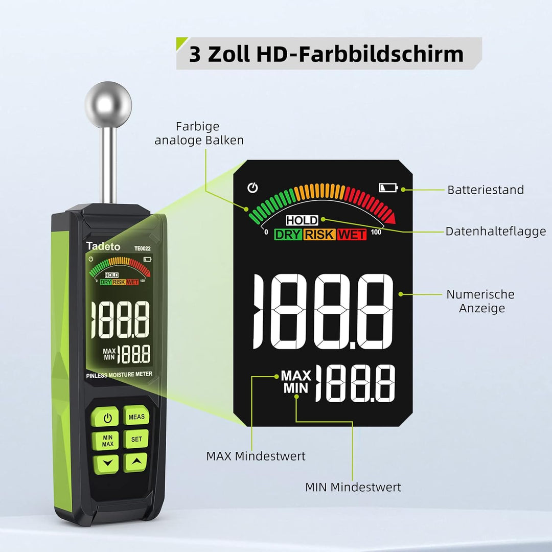 Feuchtigkeitsmessgerät, Tadeto Feuchtemessgerät 20-40mm Analysetiefe mit Farb-LCD Alarmfunktion Hold