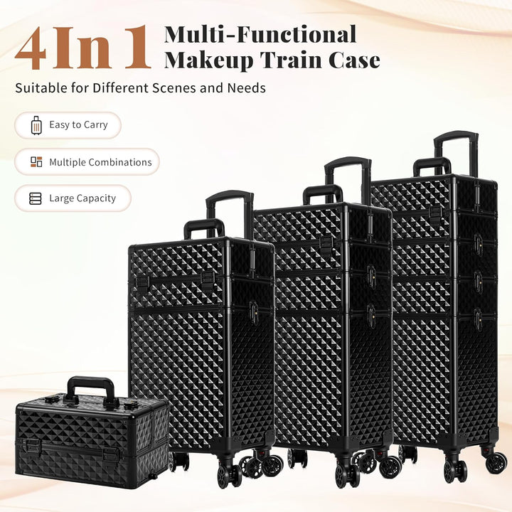 Arous 4-in-1 Professioneller Make-up-Zugkoffer, multifunktionaler Kosmetikwagen mit 360° drehbaren R