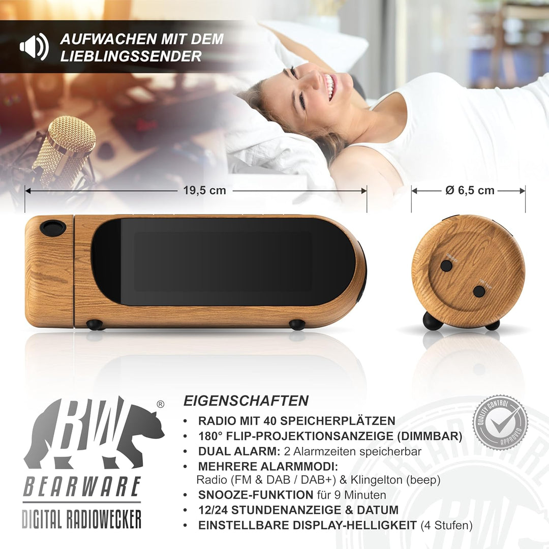 CSL - DAB Plus Radio - Radiowecker Projektionswecker digital – DAB/DAB+ / FM Radio mit je 20 Speiche