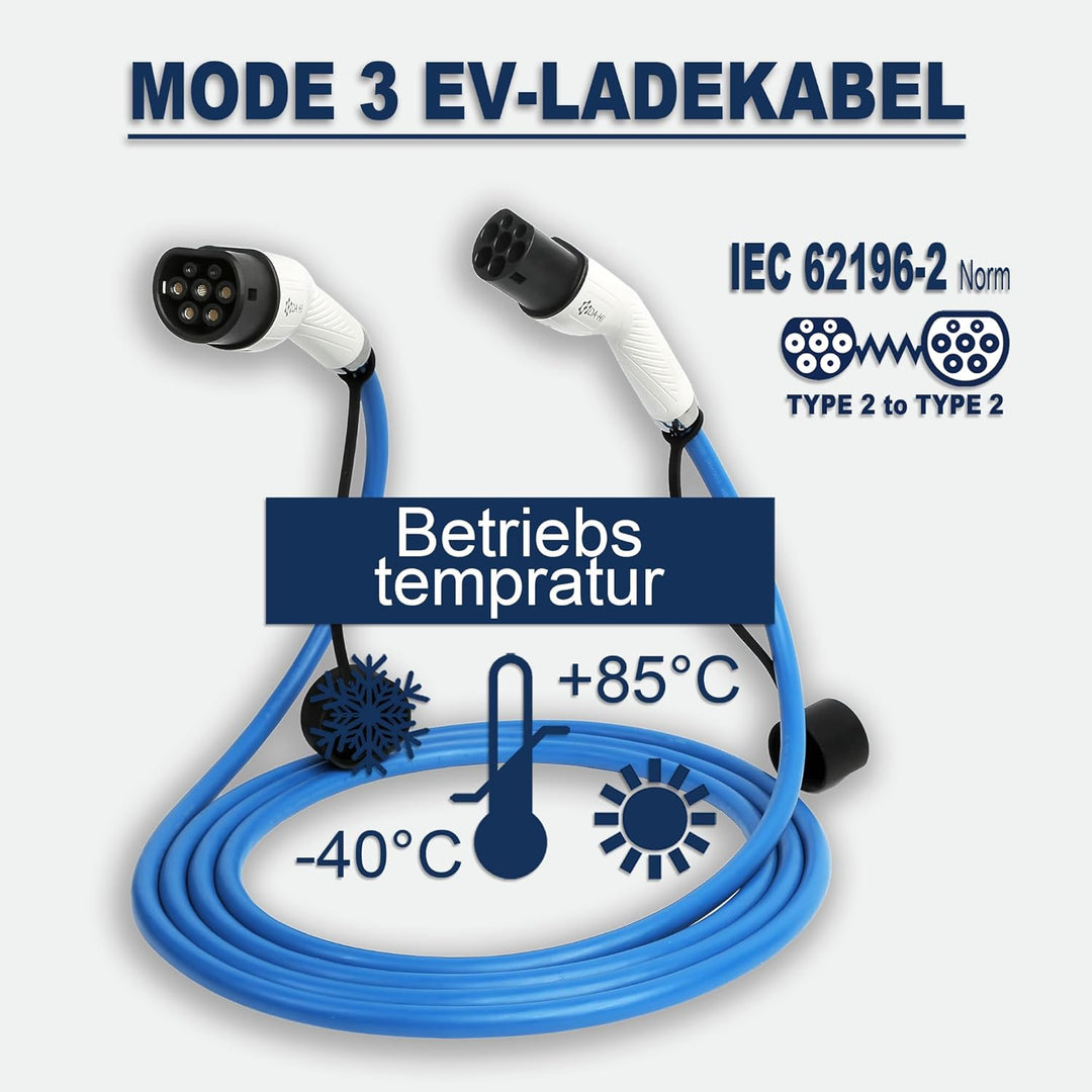 DA Hi EV Ladekabel Typ 2 für Elektroauto und PHEV 22KW 5m 32A 3-phasig, TüV Zertifiziert, Weiss-Blau