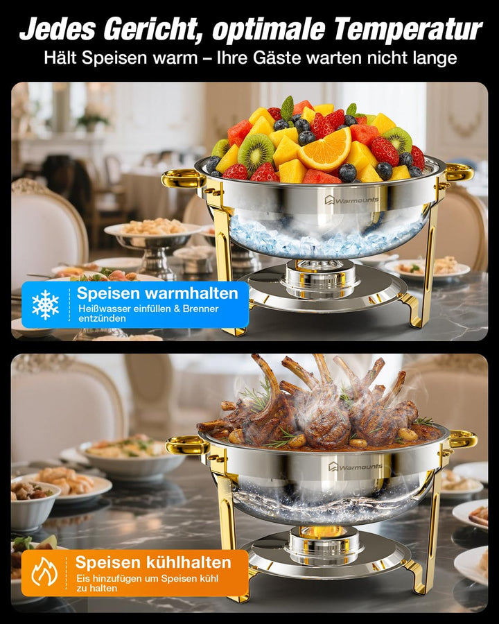 WARMOUNTS 4er Set Silber & Gold Chafing Dish Buffet 5L, Rund Speisenwärmer für Catering mit Glasdeck
