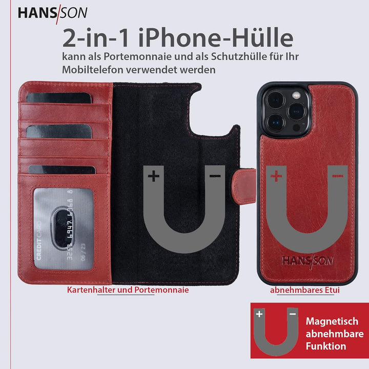 HANS/SON Hülle aus Echtleder mit Kartenfächern | Rote iPhone 13 Pro Max Klapphülle | Geldbeutel | Ma