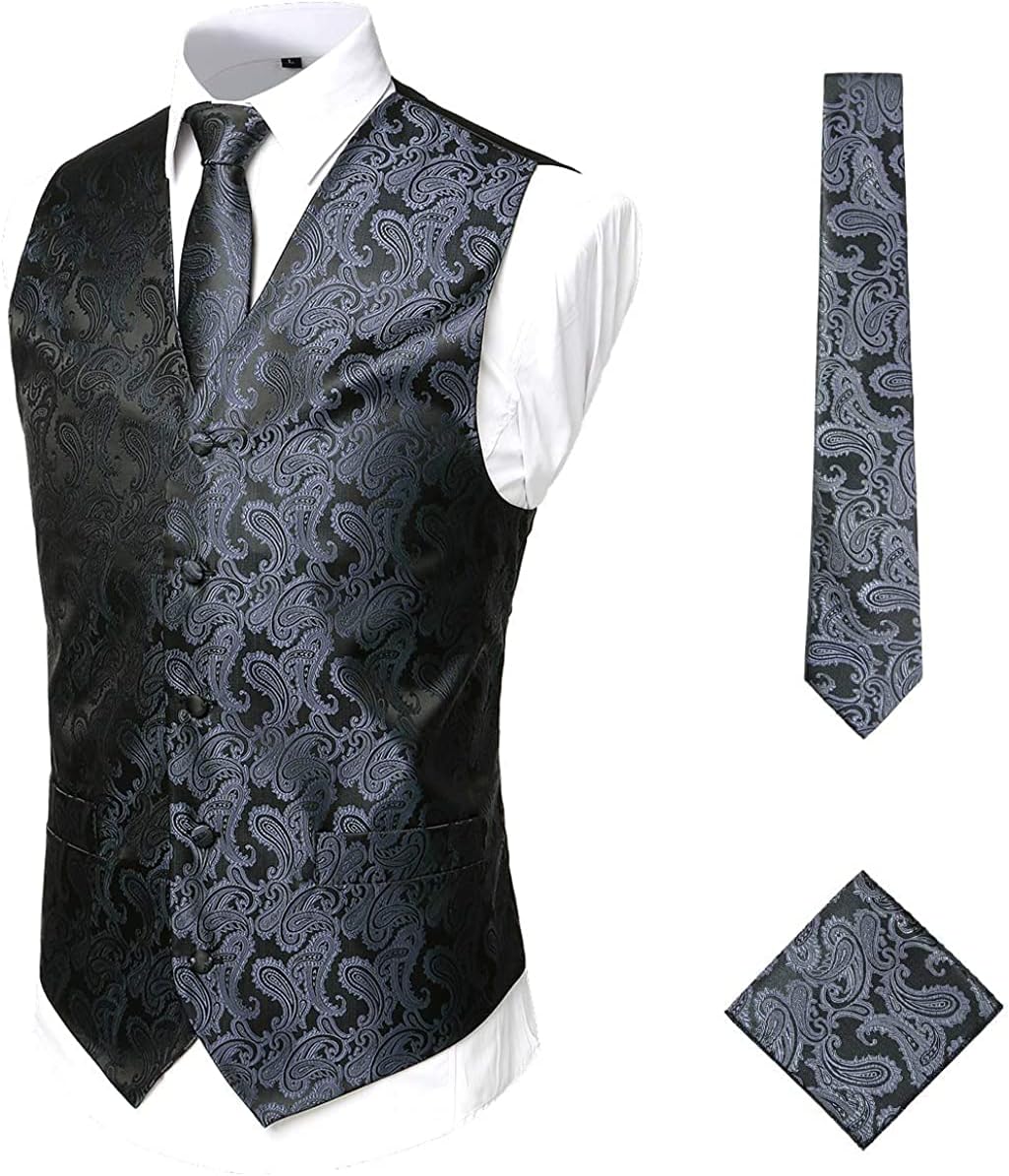PARKLEES Klassische Herren-Weste, 3-teilig, Paisleymuster, Krawatte, Einstecktuch, Set, Hochzeit, Ab