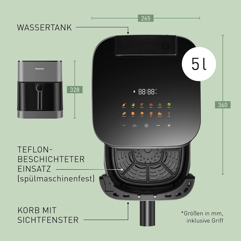 Panasonic NF-CC500SXE Air Fryer mit Sichtfenster, 5 l, 80–200 °C, digitaler Timer & LCD-Display, san