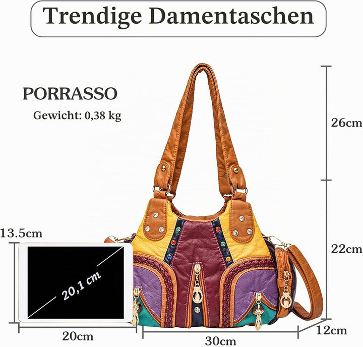 PORRASSO Damen Handtasche Mode Schultertasche Hobo Tasche Weiches PU Leder Umhängetaschen Frauen Hen