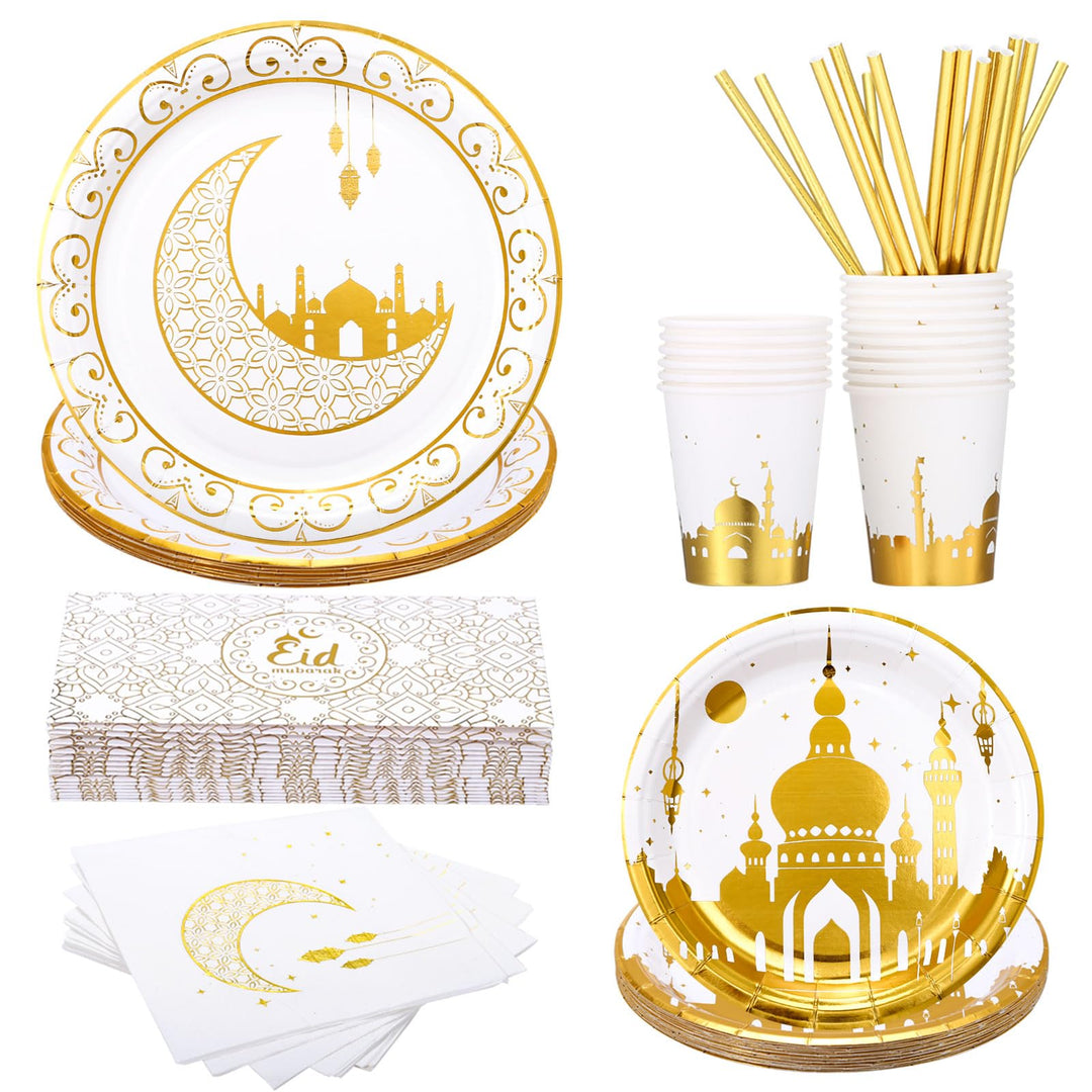 GWHOLE 96 Stück Ramadan Eid Mubarak Partygeschirr Ramadan Geschirr Ramadan Festival Thema Geschirr P