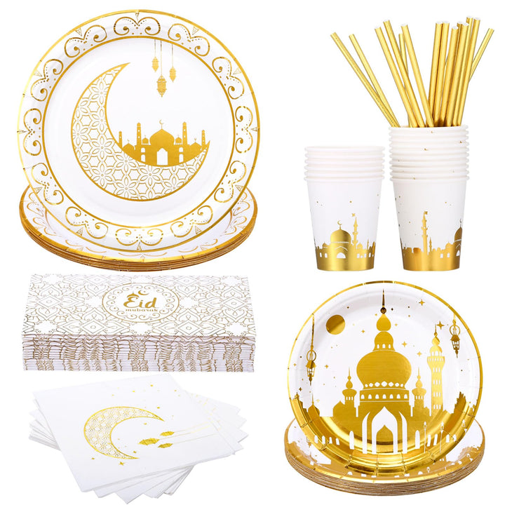 GWHOLE 96 Stück Ramadan Eid Mubarak Partygeschirr Ramadan Geschirr Ramadan Festival Thema Geschirr P