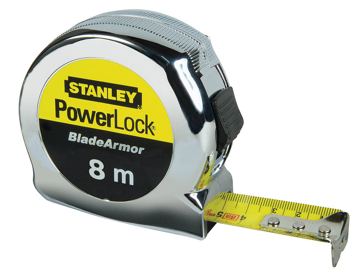 Stanley Bandmass Micro Powerlock (8 m Länge, Feststeller, Rücklauf, Gürtelclip, verchromt, Mylar-Sch