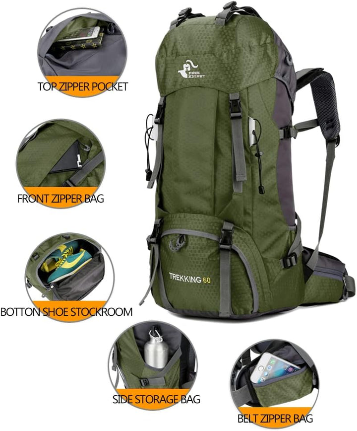 Bseash 60L Wasserdichter leichter Wanderrucksack mit Regenschutz, Outdoor Sport Tagesrucksack Multif