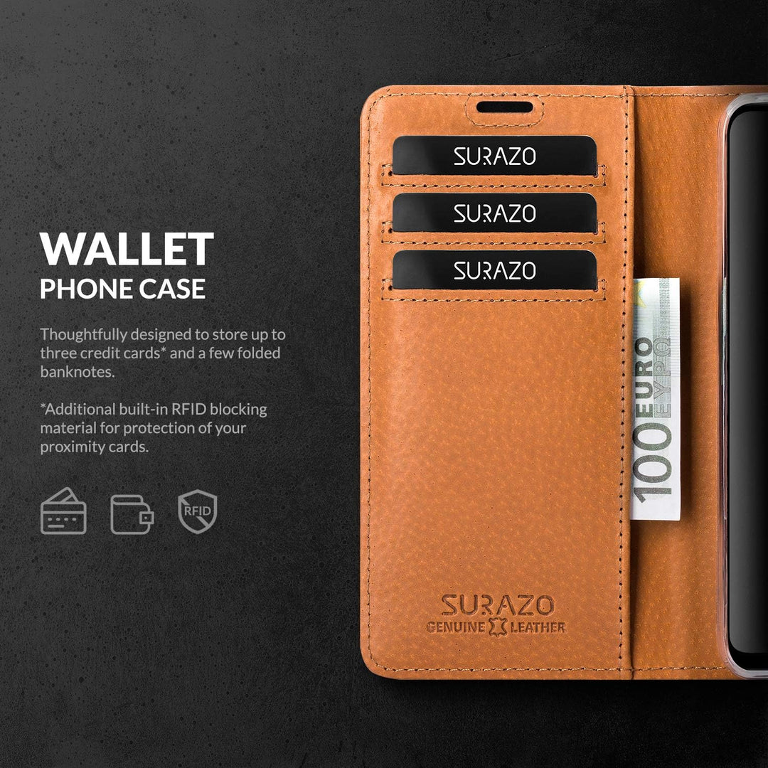 SURAZO Handy Hülle Für Samsung Galaxy S9 Plus - TV RFID Nubuk Nussbraun - Glattleder Premium - Vinta