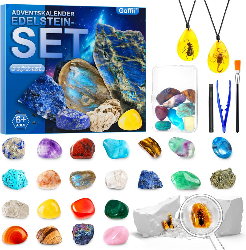 Adventskalender 2024 für Kinder, Excavation Set for Children, Natural Gemstones and Crystals, Minera