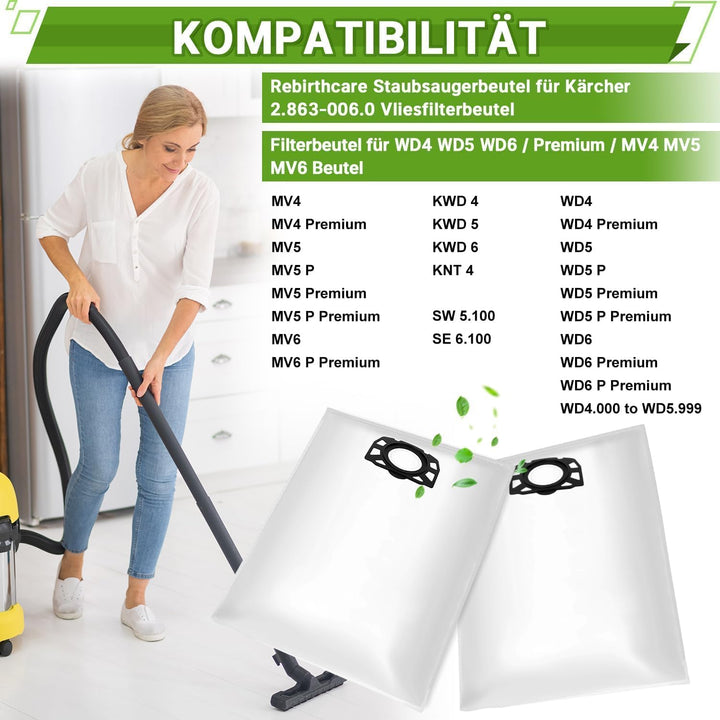 Rebirthcare 15 Stück Staubsaugerbeutel für Kärcher 2.863-006.0 Vliesfilterbeutel KFI 487 Ersatzbeute