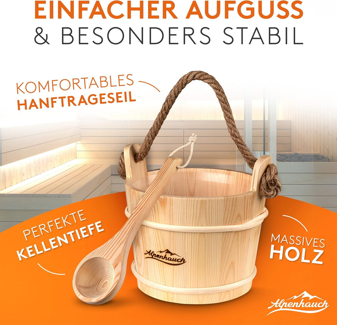 ALPENHAUCH Sauna Eimer mit Kelle [100% Naturholz] - Edler Saunakübel mit komfortablem Hanftrageseil