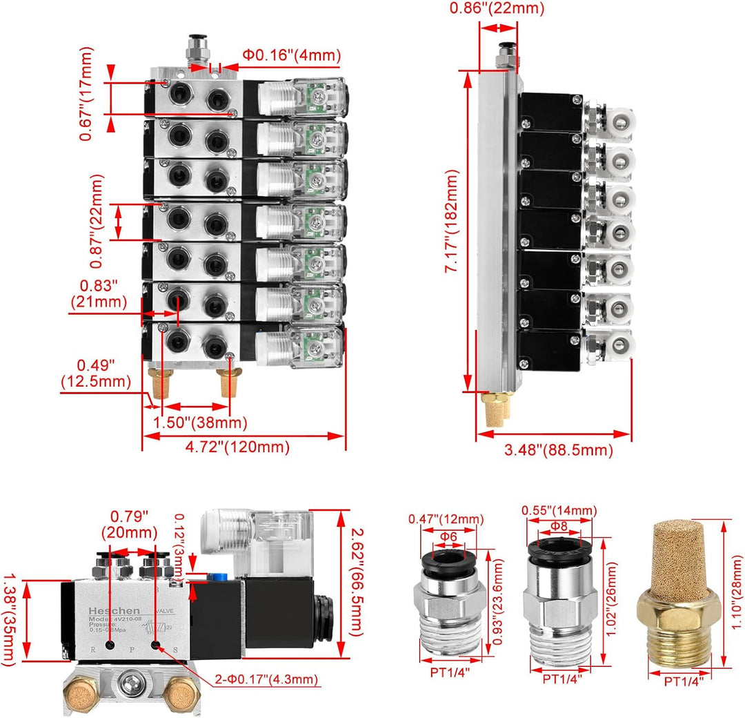 Heschen, elektrisches pneumatisches Magnetventil, 4V210-08, 6 Stück, DC 24 V, PT1/4, 5 Wege 2 Positi
