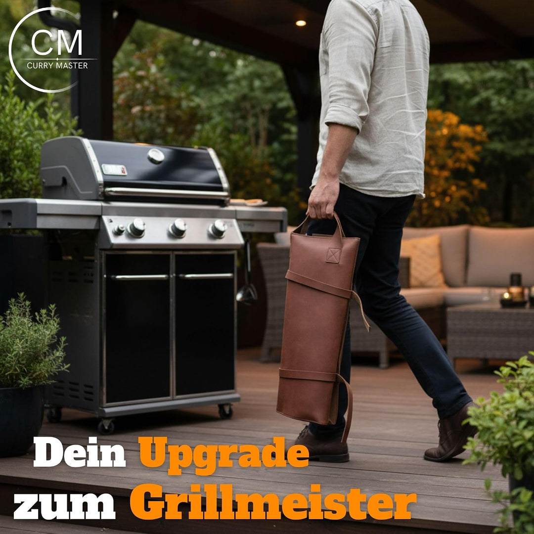Grillset für Männer Geschenk in Ledertasche – Grillbesteck Set aus Edelstahl - 3-in-1 Spachtel &amp; Rei