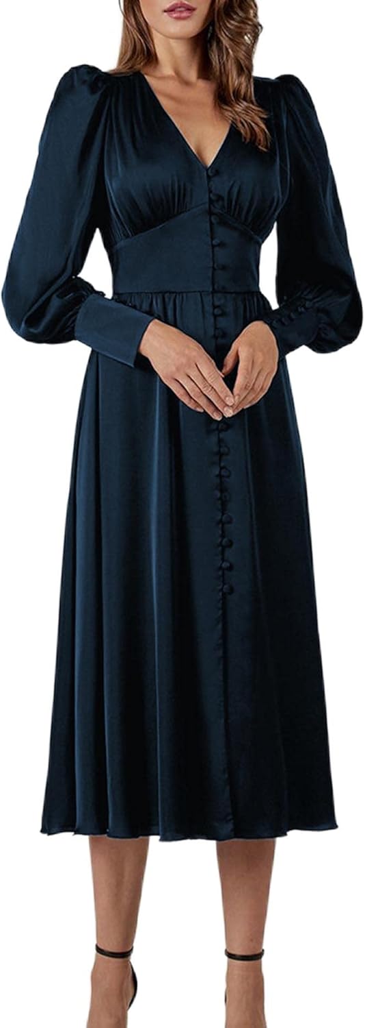 xxxiticat Damen Langarm Satin Maxikleid Lange Laternenärmel Knopfleiste Rüschen Einreihig Vintage Pu