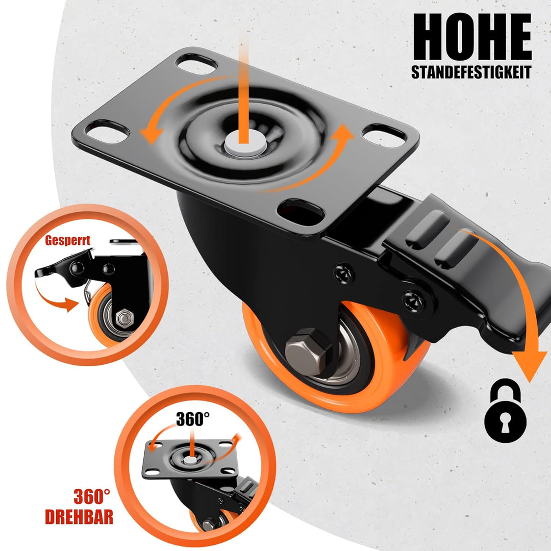 4 Stück Möbelrollen Ø50mm mit Bremsen inkl. Montagezubehör Lenkrollen Transportrollen 360° Drehung b