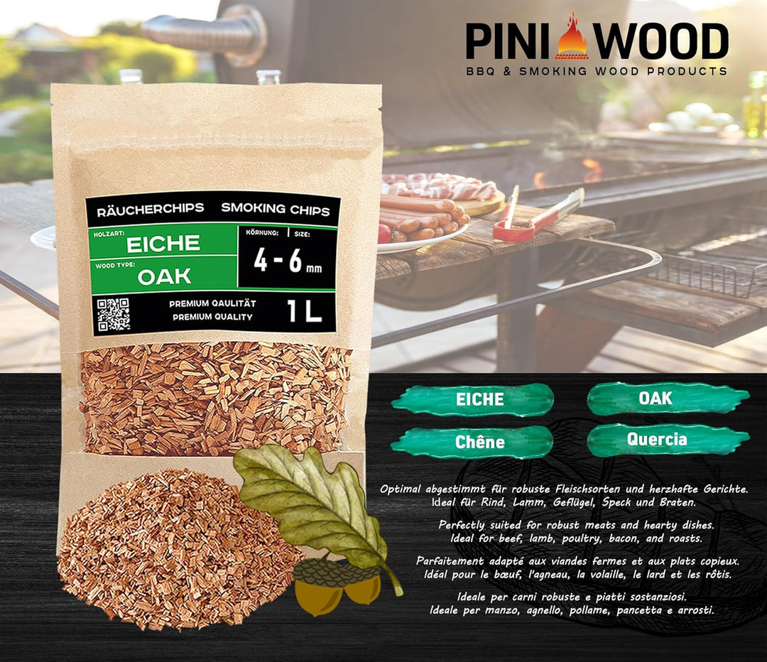 PINI Räucherchips Set 5x1 Liter Woodchips optimale Körnung 4-6 mm sortenreine Räucherspäne Buche Eic