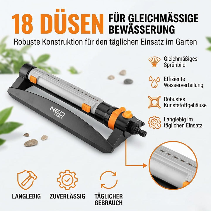 NEO TOOLS Viereckregner Oszillierend, Rasensprenger 15x19m bis 285 m2 Reichweite, 18 Auslassdüsen, E