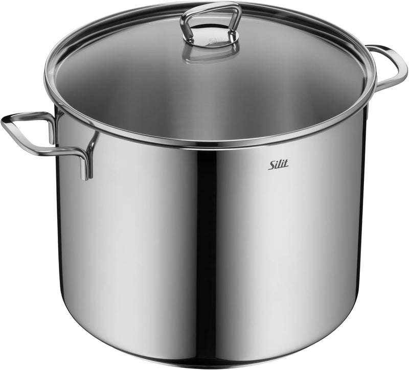 Silit Gemüse- Suppentopf Induktion 28cm, Glasdeckel, Topf hoch 12l, Edelstahl poliert, unbeschichtet