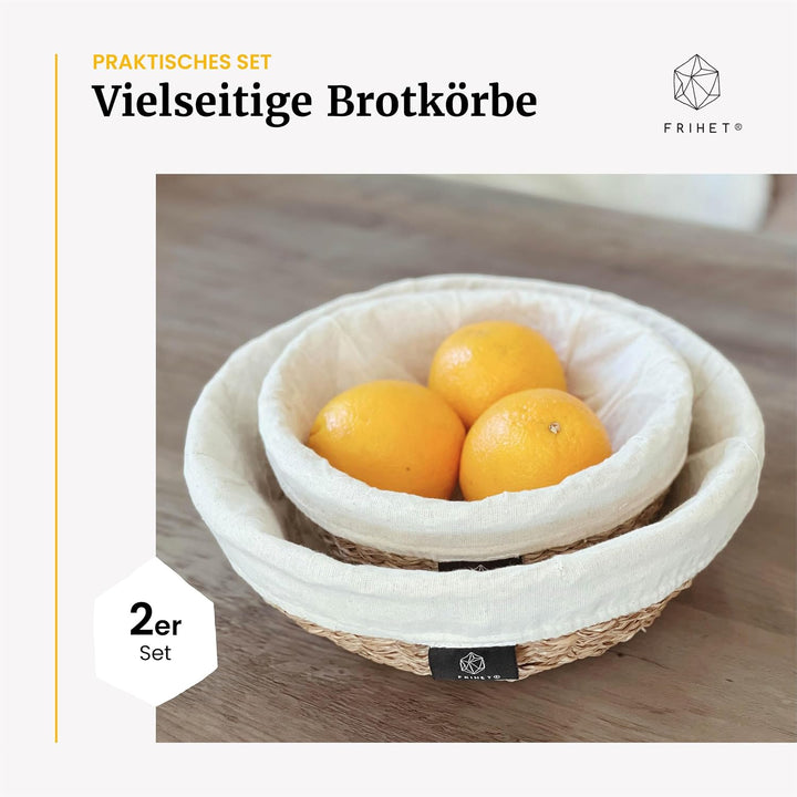 FRIHET Brotkorb Seegras 2er Set handgeflochten | Brotkörbchen rund mit Leineneinsatz | Obstkorb Bröt