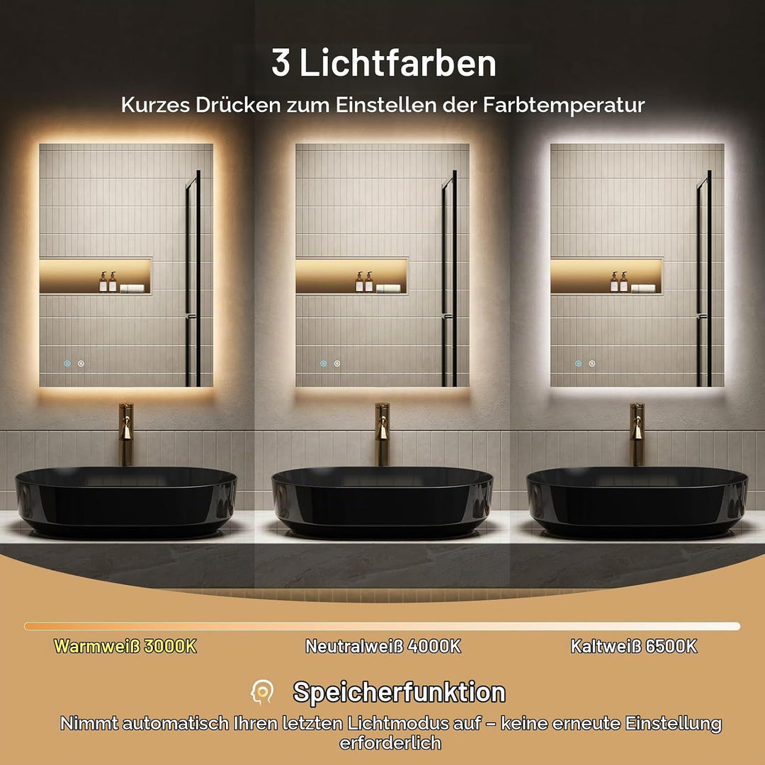 Badspiegel mit Beleuchtung Rechteckig 50x70cm,Touch-Schalter, Dimmbar,Beschlagfrei,3 Lichtfarben Dim