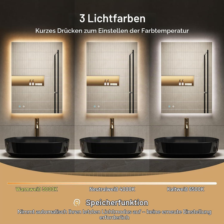 Badspiegel mit Beleuchtung Rechteckig 50x70cm,Touch-Schalter, Dimmbar,Beschlagfrei,3 Lichtfarben Dim