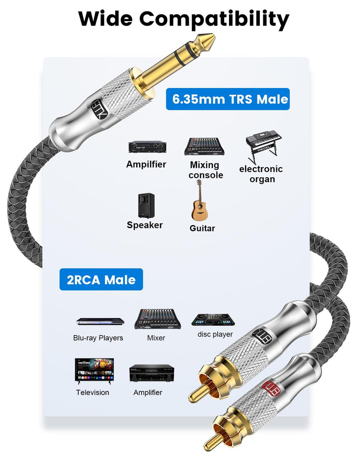 EMK 1/4 Zoll auf 2x Cinch Kabel, 6.35mm TRS Stereo Klinke zu Dual RCA Adapterkabel, Y-Splitter Audio