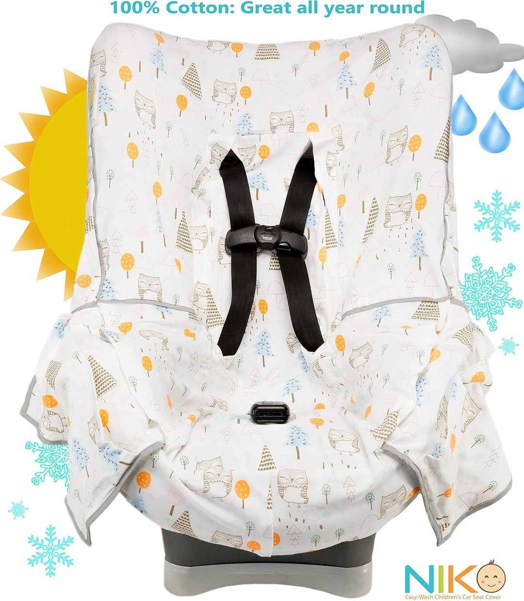 Niko Easy-Wash Children's Car Seat Cover & Liner – 100% Baumwoll-Jersey – Eulencreme/Mehrfarbig – pa